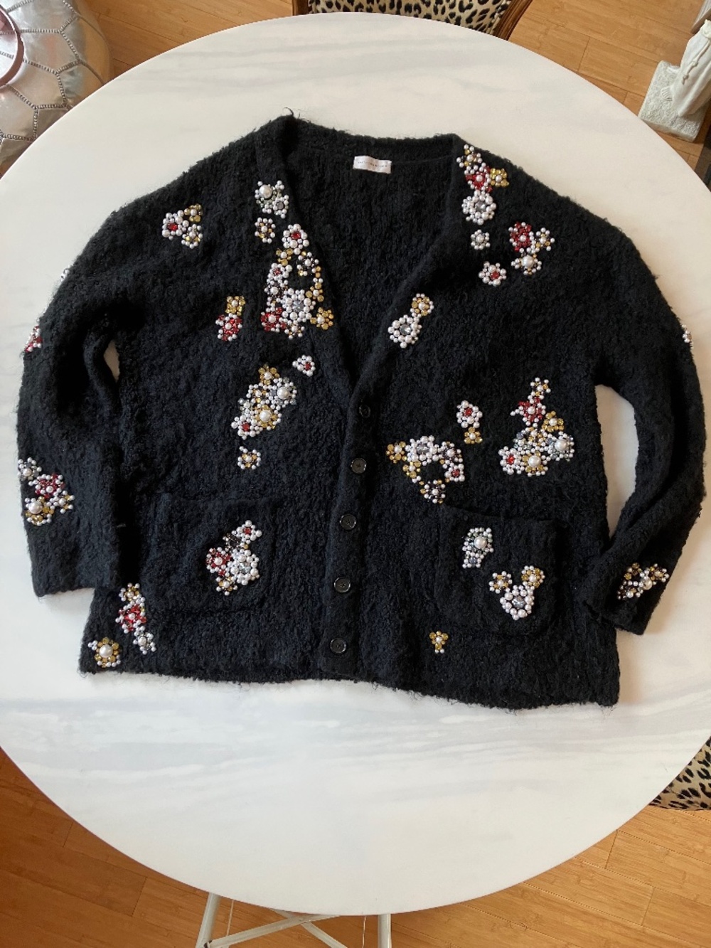 $3,100 Connexion Heavy Black Cardigan w/Jewels & Pearls Oversized Fit XL L